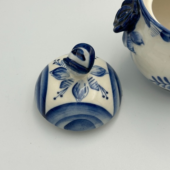 Russian GZHEL Porcelain Blue White Sugar Candy Bowl Lid Vintage Handmade Painted - Picture 8 of 13